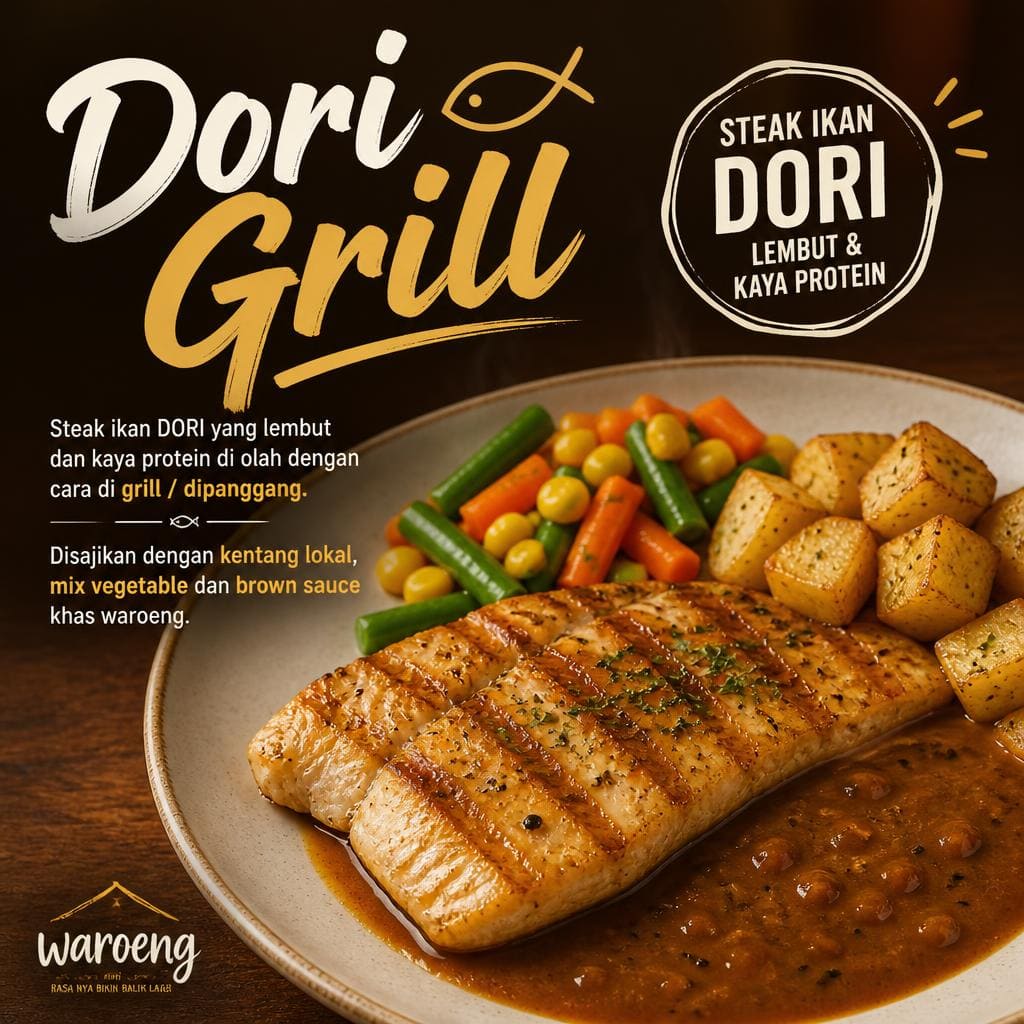 Dori Grill dengan ikan dori lembut, kentang lokal, dan mix vegetable